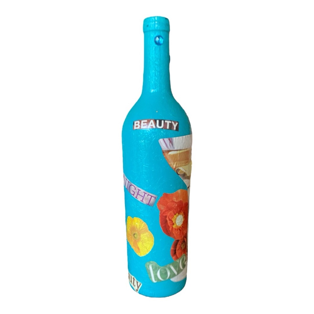 Handmade Turquoise Butterfly Decoupage Wine Bottle Home Decor 12” - Picture 3 of 6